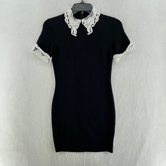 Mind Code Dress Women's Sz S Black Crochet Detail Collared Mini Bodycon Stretch - Picture 1 of 10